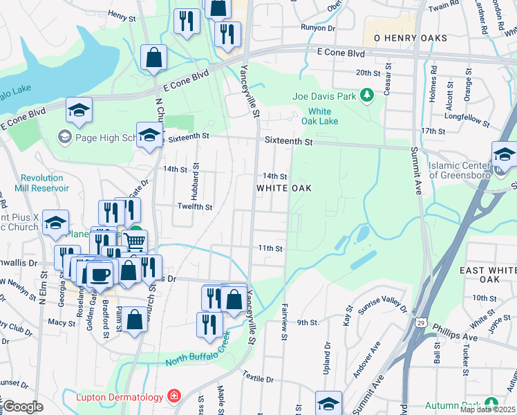 map of restaurants, bars, coffee shops, grocery stores, and more near in Greensboro