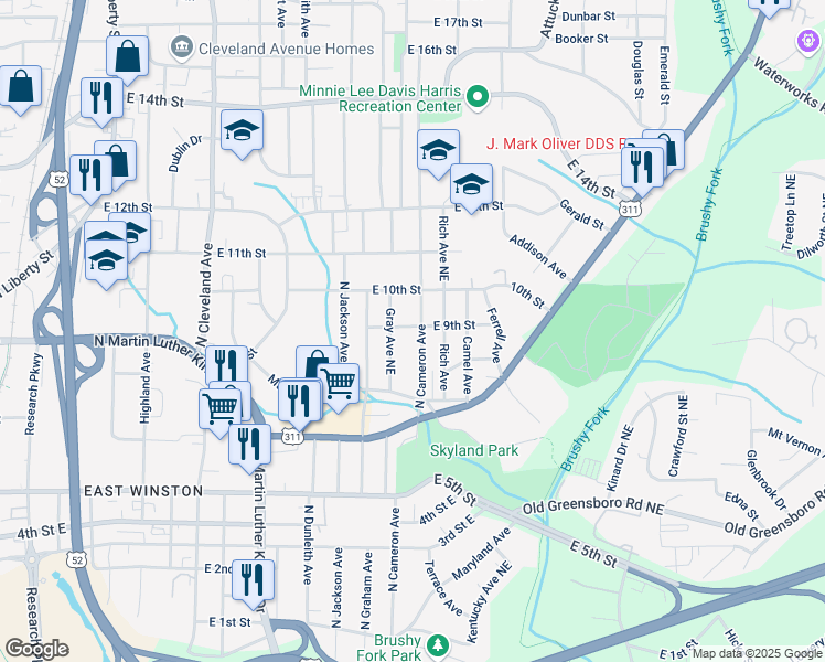 map of restaurants, bars, coffee shops, grocery stores, and more near 840 North Cameron Avenue in Winston-Salem