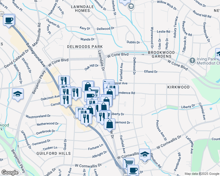 map of restaurants, bars, coffee shops, grocery stores, and more near 2007 Independence Road in Greensboro