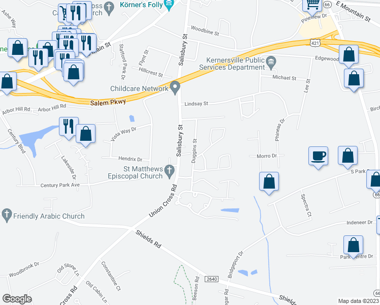map of restaurants, bars, coffee shops, grocery stores, and more near 303 Salisbury Court in Kernersville
