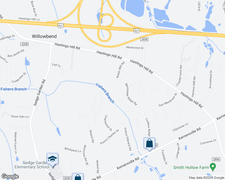 map of restaurants, bars, coffee shops, grocery stores, and more near 208 Water Mill Road in Kernersville