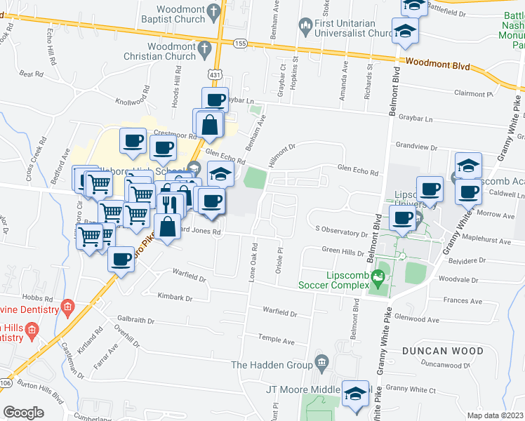 map of restaurants, bars, coffee shops, grocery stores, and more near 1900 Richard Jones Road in Nashville