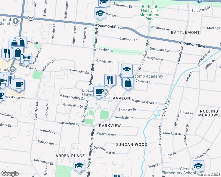 map of restaurants, bars, coffee shops, grocery stores, and more near 1 University Park Dr in Nashville