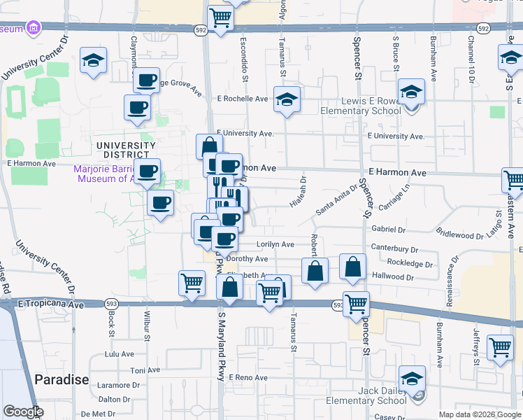 map of restaurants, bars, coffee shops, grocery stores, and more near 1395 Hialeah Drive in Las Vegas