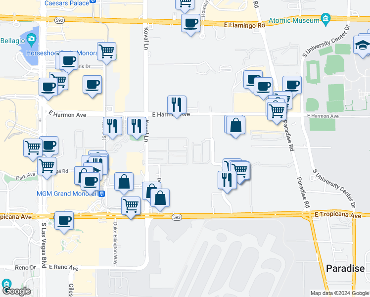 map of restaurants, bars, coffee shops, grocery stores, and more near 4660 Koval Lane in Las Vegas