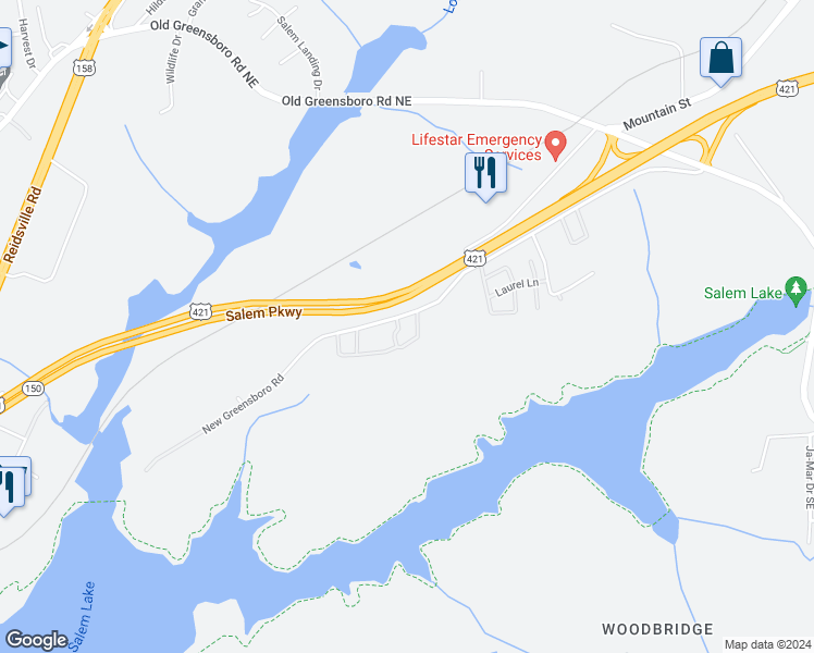 map of restaurants, bars, coffee shops, grocery stores, and more near 608 Timberline Drive Southeast in Winston-Salem