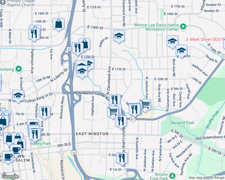 map of restaurants, bars, coffee shops, grocery stores, and more near 901 North Cleveland Avenue in Winston-Salem