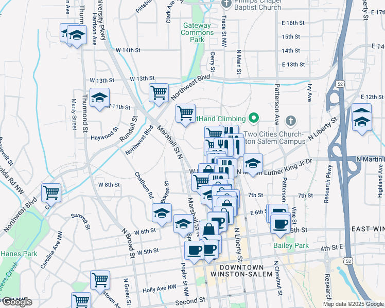 map of restaurants, bars, coffee shops, grocery stores, and more near 814 Oak Street Northwest in Winston-Salem