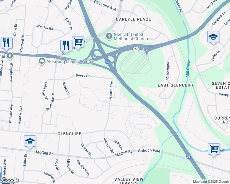 map of restaurants, bars, coffee shops, grocery stores, and more near 3148 Glencliff Road in Nashville
