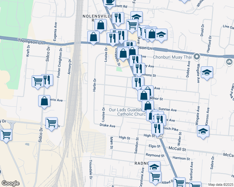 map of restaurants, bars, coffee shops, grocery stores, and more near 519 Radnor Street in Nashville