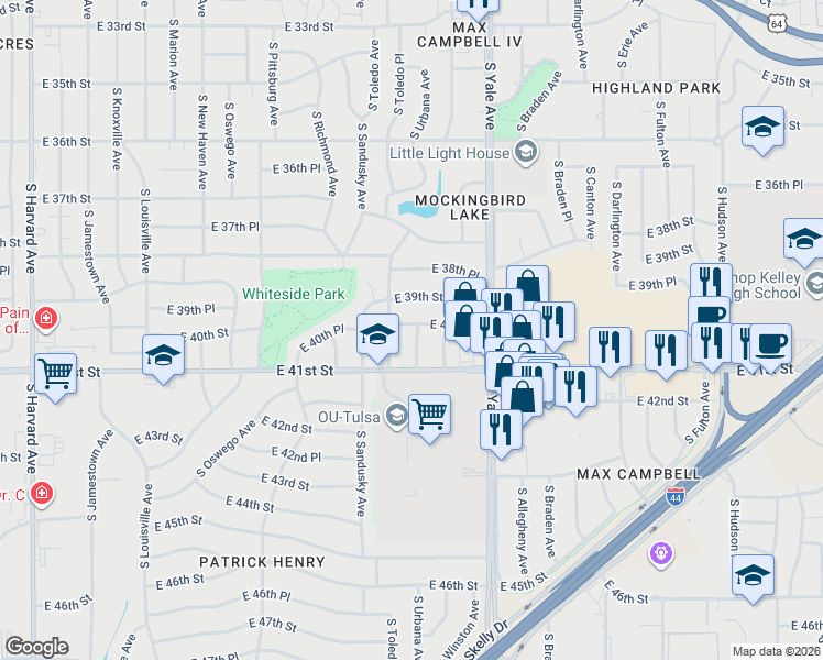 map of restaurants, bars, coffee shops, grocery stores, and more near 4023 South Urbana Avenue in Tulsa