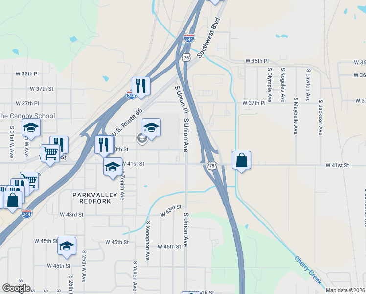 map of restaurants, bars, coffee shops, grocery stores, and more near 1703 West 41st Street South in Tulsa