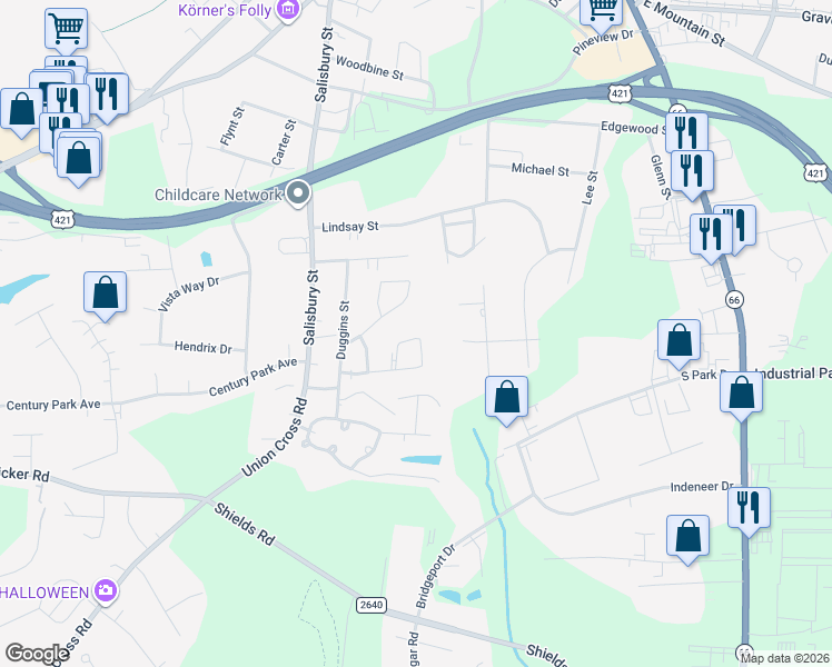 map of restaurants, bars, coffee shops, grocery stores, and more near 510B Springbrook Drive in Kernersville