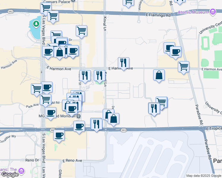 map of restaurants, bars, coffee shops, grocery stores, and more near 4640 Koval Lane in Las Vegas