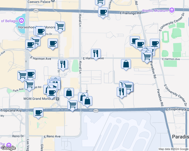 map of restaurants, bars, coffee shops, grocery stores, and more near 4640 Koval Lane in Las Vegas