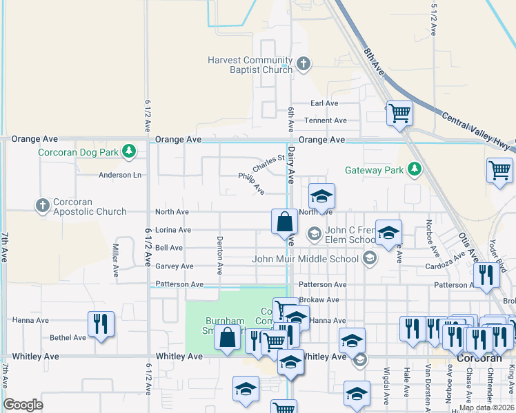map of restaurants, bars, coffee shops, grocery stores, and more near 2033 North Avenue in Corcoran