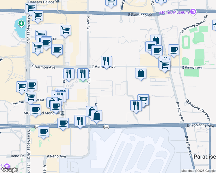 map of restaurants, bars, coffee shops, grocery stores, and more near 4640 Koval Lane in Las Vegas