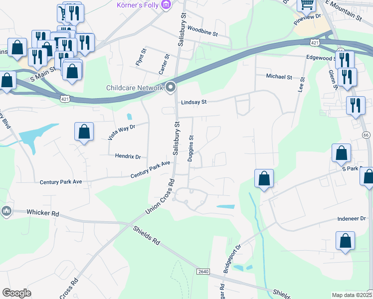 map of restaurants, bars, coffee shops, grocery stores, and more near 303 Salisbury Court in Kernersville