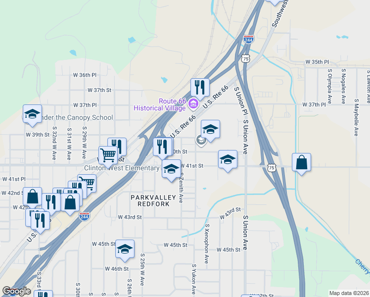 map of restaurants, bars, coffee shops, grocery stores, and more near 2112 West 40th Street in Tulsa