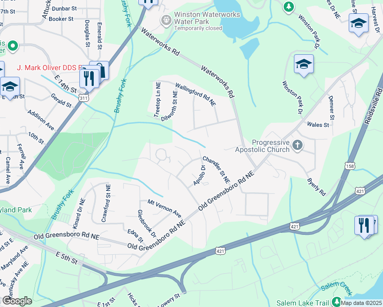 map of restaurants, bars, coffee shops, grocery stores, and more near 610 Chandler Street Northeast in Winston-Salem