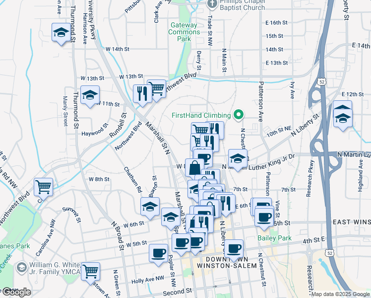 map of restaurants, bars, coffee shops, grocery stores, and more near 836 Oak Street Northwest in Winston-Salem