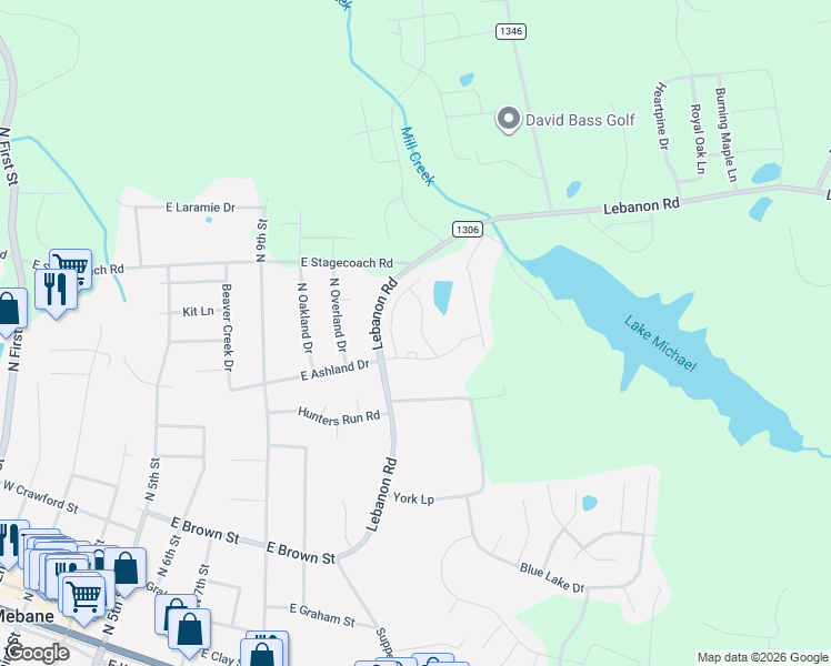 map of restaurants, bars, coffee shops, grocery stores, and more near 601 Oakfield Tr in Mebane