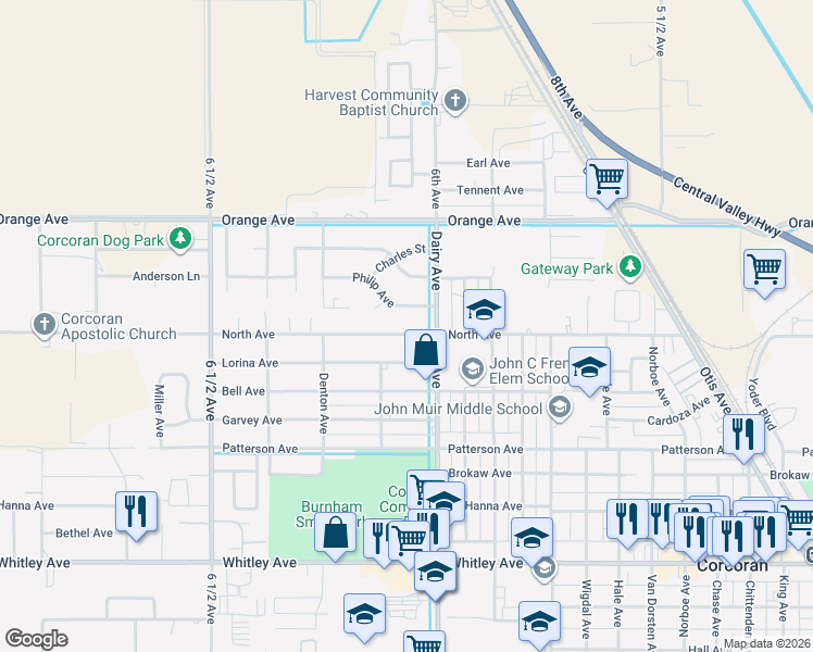map of restaurants, bars, coffee shops, grocery stores, and more near 2033 North Avenue in Corcoran