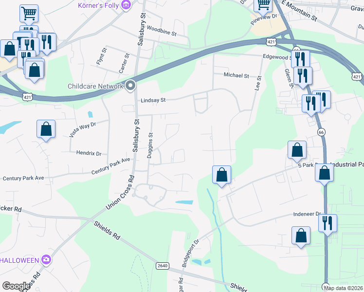 map of restaurants, bars, coffee shops, grocery stores, and more near 515 Springbrook Drive in Kernersville