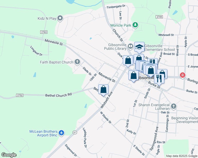 map of restaurants, bars, coffee shops, grocery stores, and more near 404 Willow Court in Gibsonville
