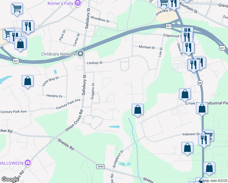 map of restaurants, bars, coffee shops, grocery stores, and more near 510b Springbrook Drive in Kernersville