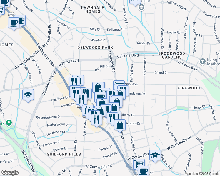 map of restaurants, bars, coffee shops, grocery stores, and more near 2801 Lawndale Drive in Greensboro