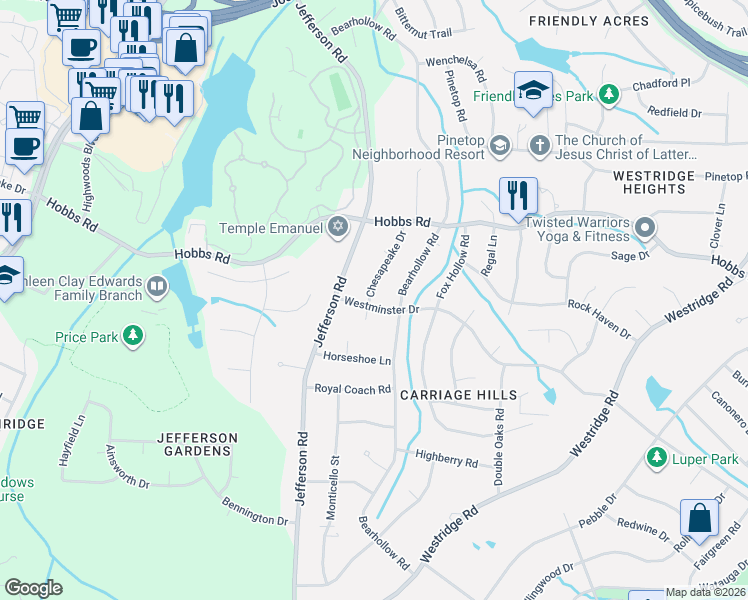 map of restaurants, bars, coffee shops, grocery stores, and more near 3 Abbey Court in Greensboro