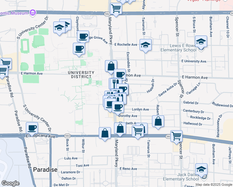 map of restaurants, bars, coffee shops, grocery stores, and more near in Paradise