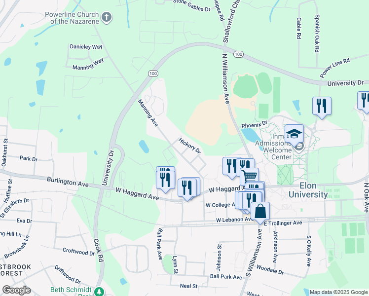map of restaurants, bars, coffee shops, grocery stores, and more near 422 North Manning Avenue in Elon