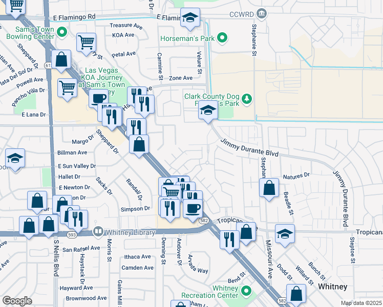 map of restaurants, bars, coffee shops, grocery stores, and more near 5511 East Jackpot Winner Lane in Las Vegas