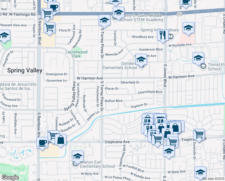 map of restaurants, bars, coffee shops, grocery stores, and more near 6435 Placer Drive in Las Vegas