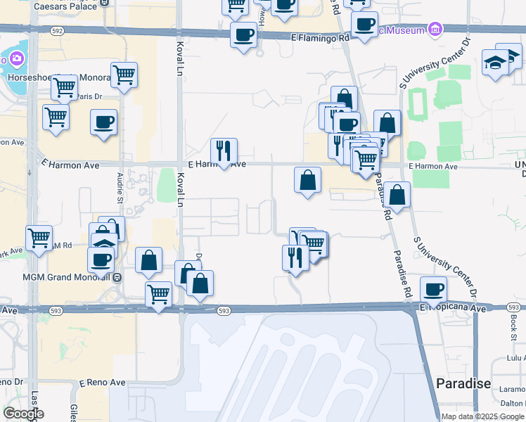 map of restaurants, bars, coffee shops, grocery stores, and more near Gran Via Drive in Spring Valley