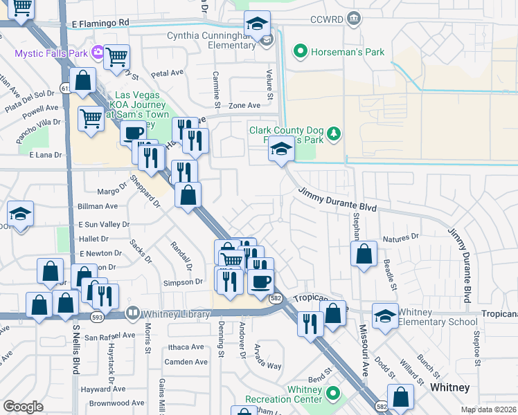 map of restaurants, bars, coffee shops, grocery stores, and more near 5511 East Jackpot Winner Lane in Las Vegas