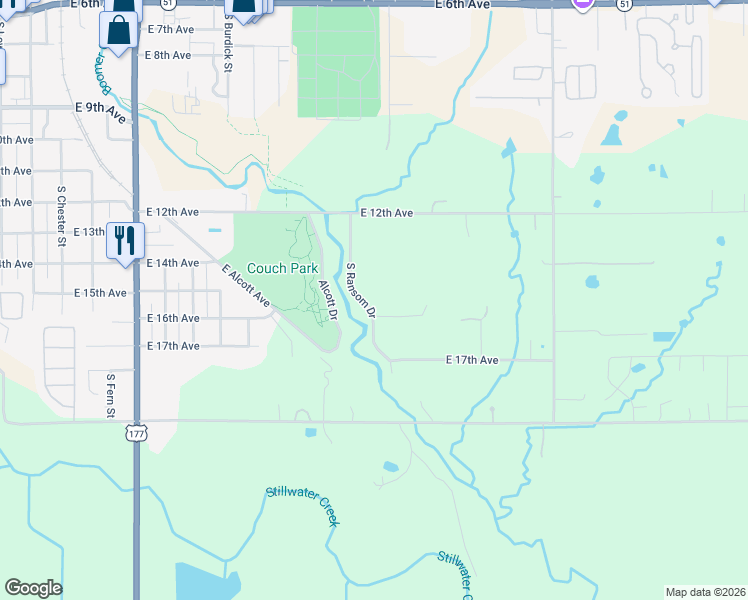 map of restaurants, bars, coffee shops, grocery stores, and more near 1513 South Ransom Drive in Stillwater