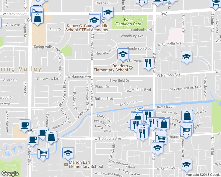 map of restaurants, bars, coffee shops, grocery stores, and more near 6391 Churchfield Boulevard in Las Vegas