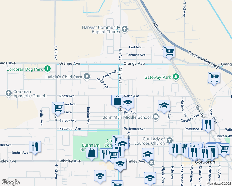 map of restaurants, bars, coffee shops, grocery stores, and more near 604 Dairy Avenue in Corcoran