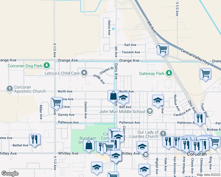 map of restaurants, bars, coffee shops, grocery stores, and more near 604 Dairy Avenue in Corcoran