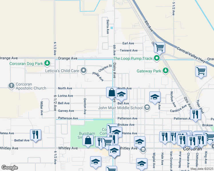 map of restaurants, bars, coffee shops, grocery stores, and more near 604 Dairy Avenue in Corcoran