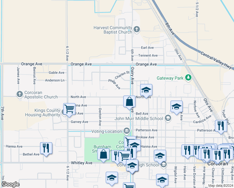 map of restaurants, bars, coffee shops, grocery stores, and more near 2033 North Avenue in Corcoran