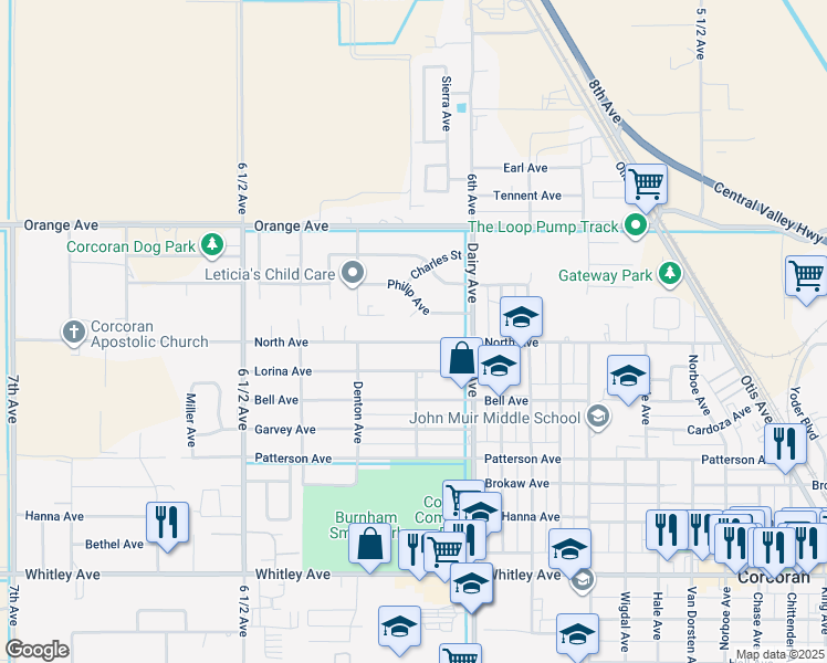 map of restaurants, bars, coffee shops, grocery stores, and more near 2033 North Avenue in Corcoran