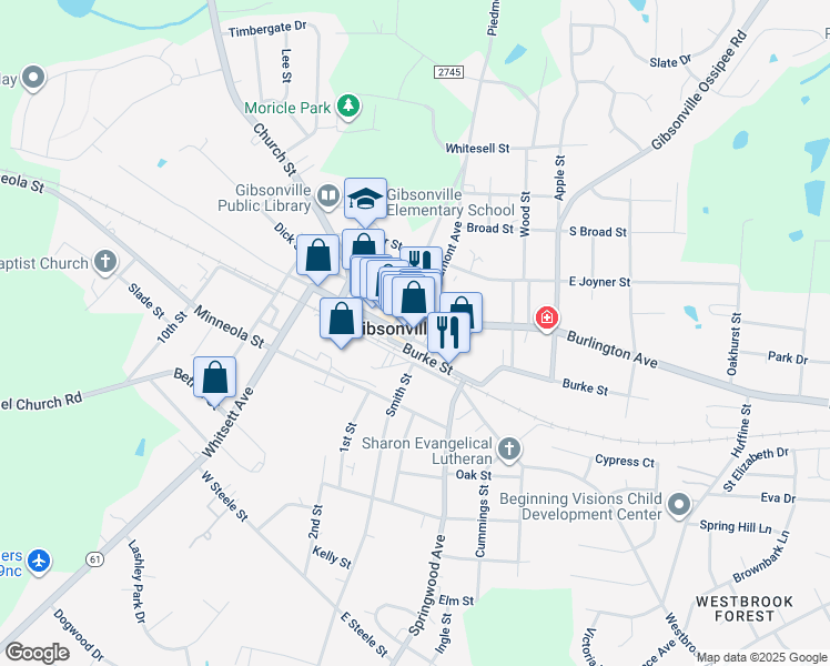map of restaurants, bars, coffee shops, grocery stores, and more near 200 East Main Street in Gibsonville