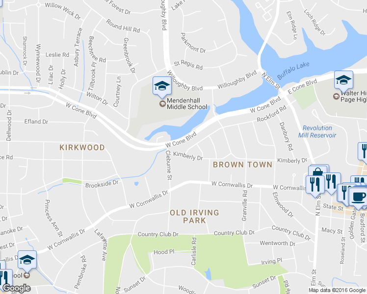 map of restaurants, bars, coffee shops, grocery stores, and more near 616 Rockford Road in Greensboro
