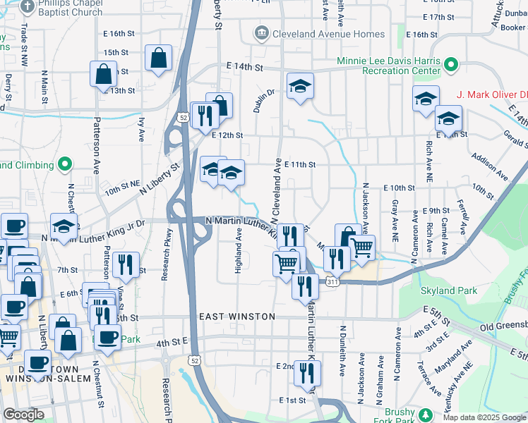 map of restaurants, bars, coffee shops, grocery stores, and more near N Martin Luther King Jr Dr in Winston-Salem
