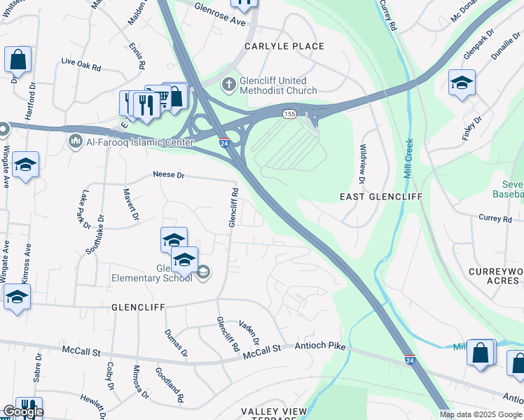 map of restaurants, bars, coffee shops, grocery stores, and more near 3146 Glencliff Road in Nashville