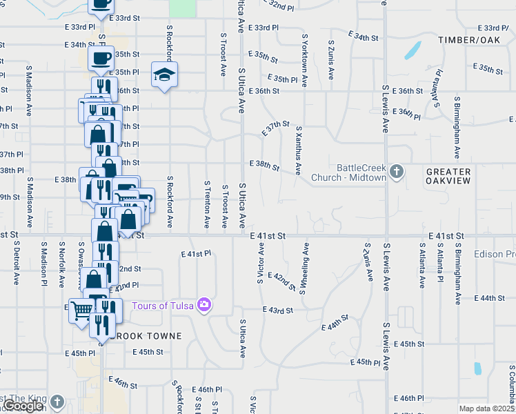map of restaurants, bars, coffee shops, grocery stores, and more near 1725 East 41st Street in Tulsa